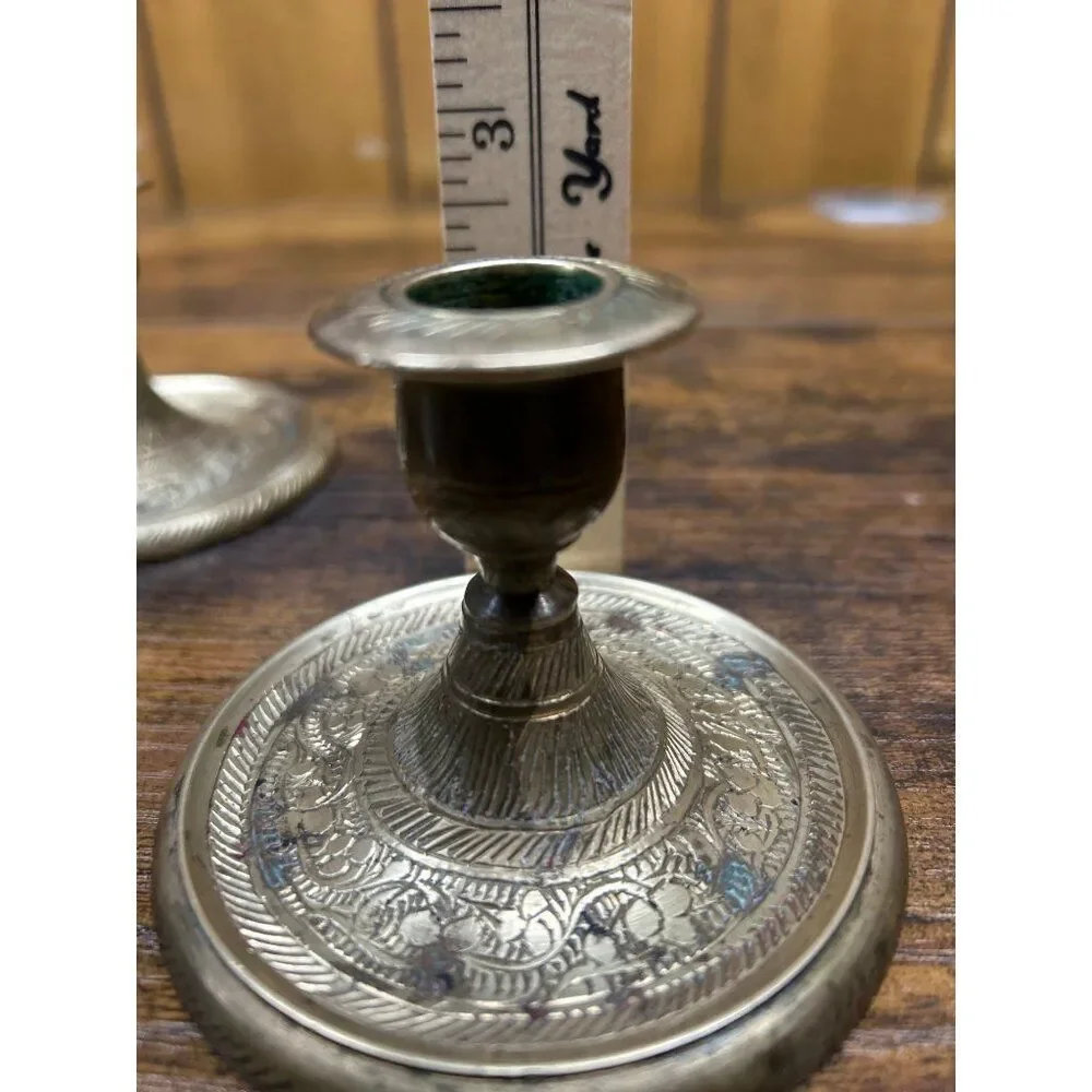 Vintage Brass Etched Candle Holders Set Of 2